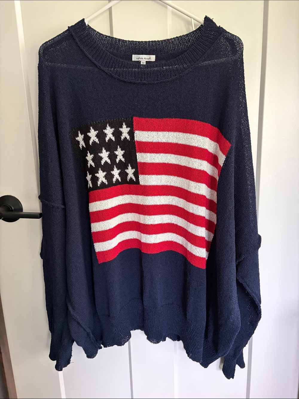 Navy Flag Knit Sweater with Stars and Stripes white birch Womens 1x